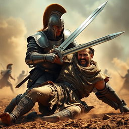 A dramatic scene depicting a fierce duel between two armored warriors in an ancient battlefield