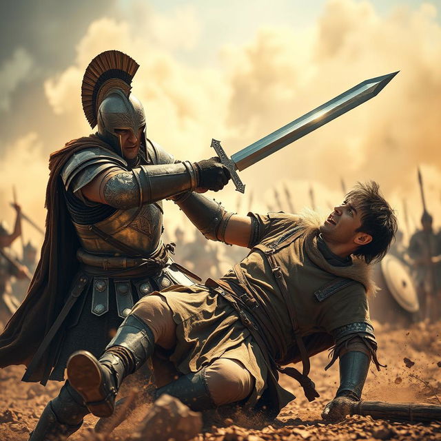 A dramatic scene depicting a fierce duel between two armored warriors in an ancient battlefield