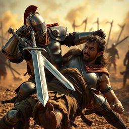 A dramatic scene depicting a fierce duel between two armored warriors in an ancient battlefield