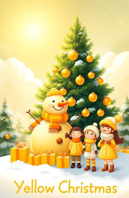 A whimsical and festive scene representing a 'Yellow Christmas', featuring a bright yellow snowman wearing a colorful scarf, surrounded by golden ornaments on a lush green pine tree