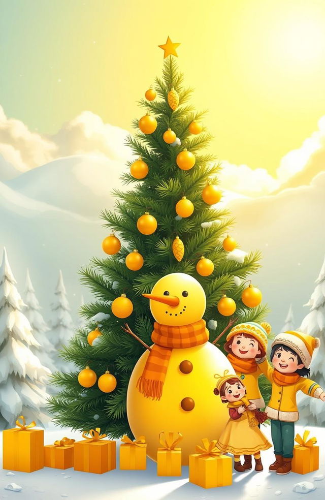 A whimsical and festive scene representing a 'Yellow Christmas', featuring a bright yellow snowman wearing a colorful scarf, surrounded by golden ornaments on a lush green pine tree