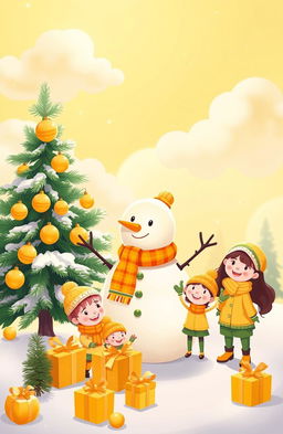 A whimsical and festive scene representing a 'Yellow Christmas', featuring a bright yellow snowman wearing a colorful scarf, surrounded by golden ornaments on a lush green pine tree