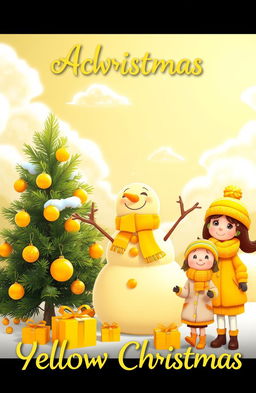 A whimsical and festive scene representing a 'Yellow Christmas', featuring a bright yellow snowman wearing a colorful scarf, surrounded by golden ornaments on a lush green pine tree
