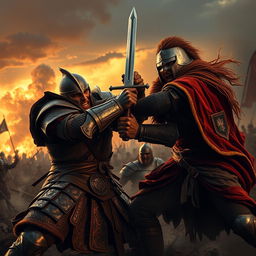 A dramatic scene depicting a warrior fiercely pressing a sword onto another's arm, showcasing intense struggle and determination