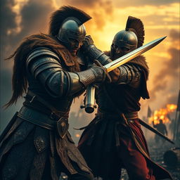 A dramatic scene depicting a warrior fiercely pressing a sword onto another's arm, showcasing intense struggle and determination