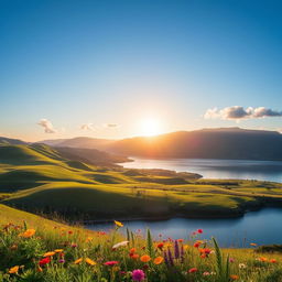 A beautiful landscape featuring rolling green hills under a clear blue sky, with a serene lake reflecting the scenery