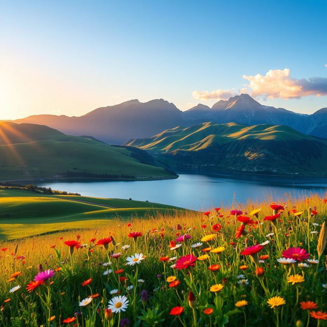 A beautiful landscape featuring rolling green hills under a clear blue sky, with a serene lake reflecting the scenery