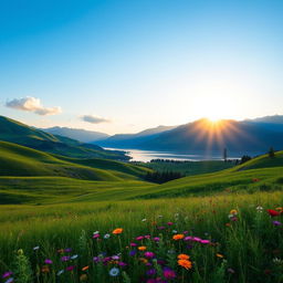 A beautiful landscape featuring rolling green hills under a clear blue sky, with a serene lake reflecting the scenery