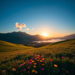 A beautiful landscape featuring rolling green hills under a clear blue sky, with a serene lake reflecting the scenery