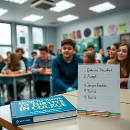 A vibrant school setting showcasing a well-lit classroom filled with students engaging in a discussion about college strategies