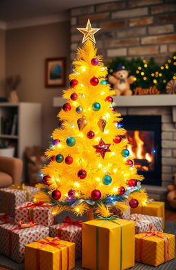 A vibrant yellow Christmas tree decorated with colorful ornaments, twinkling fairy lights, and a shiny star on top