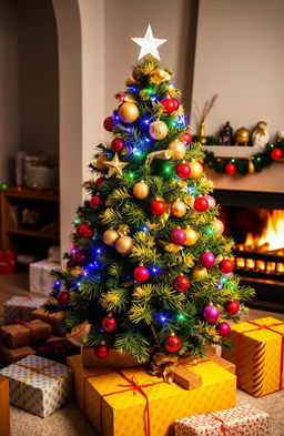 A vibrant yellow Christmas tree decorated with colorful ornaments, twinkling fairy lights, and a shiny star on top