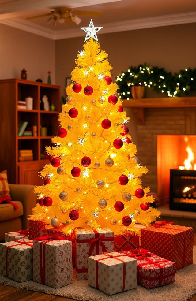 A vibrant yellow Christmas tree decorated with colorful ornaments, twinkling fairy lights, and a shiny star on top