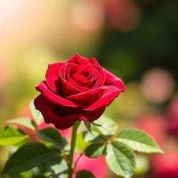 A stunning red rose in full bloom, displaying rich velvety petals glistening under soft sunlight
