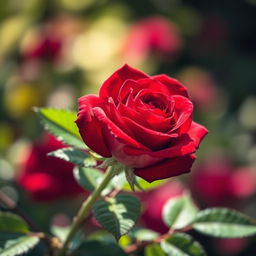A stunning red rose in full bloom, displaying rich velvety petals glistening under soft sunlight