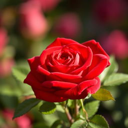 A stunning red rose in full bloom, displaying rich velvety petals glistening under soft sunlight