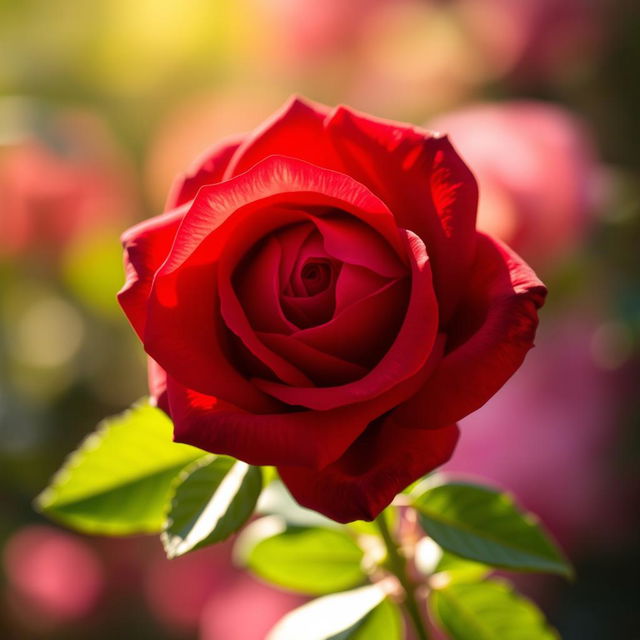 A stunning red rose in full bloom, displaying rich velvety petals glistening under soft sunlight