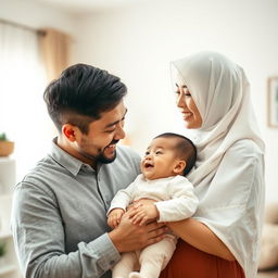 A happy family scene featuring a husband gently carrying a baby boy resembling his mother