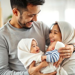 A happy family scene featuring a husband gently carrying a baby boy resembling his mother