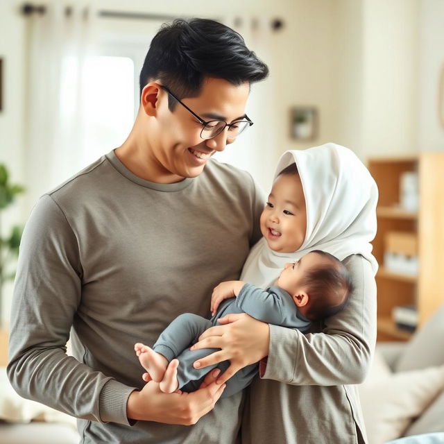 A happy family scene featuring a husband gently carrying a baby boy resembling his mother