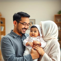 A happy family scene featuring a husband gently carrying a baby boy resembling his mother