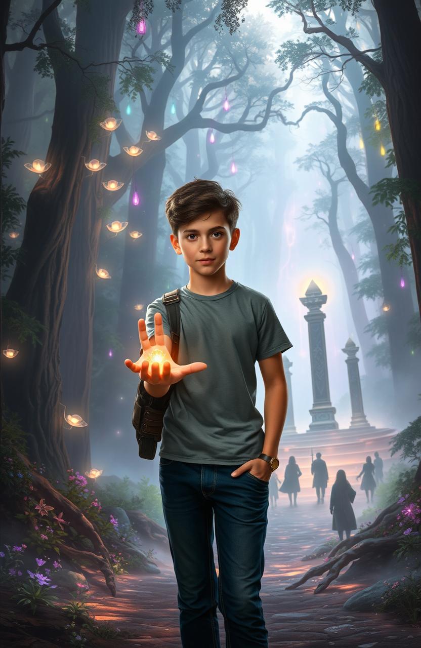 A 15-year-old boy named Alec stands at the edge of a mystical forest, wearing modern attire that sharply contrasts with the fantastical surroundings