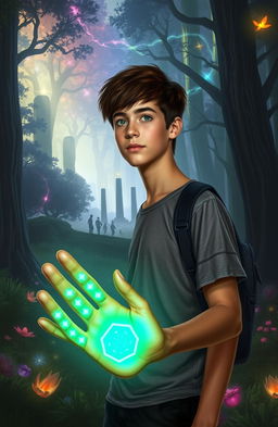 A 15-year-old boy named Alec stands at the edge of a mystical forest, wearing modern attire that sharply contrasts with the fantastical surroundings