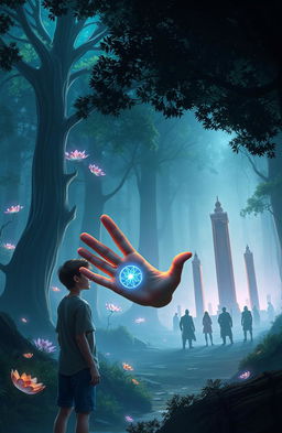 A 15-year-old boy named Alec stands at the edge of a mystical forest, wearing modern attire that sharply contrasts with the fantastical surroundings