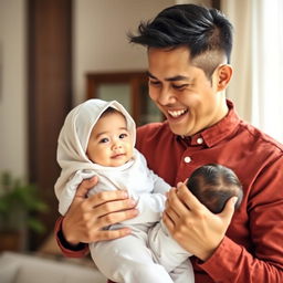 A happy family scene featuring a loving husband gently carrying his baby boy
