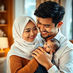 A happy family scene featuring a loving husband gently carrying his baby boy