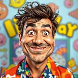 A humorous and exaggerated portrait of a man named Vijay, showcasing an amusing and comical expression