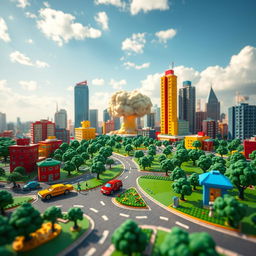 A captivating concept art image depicting a vibrant cityscape in LEGO style, incorporating a dramatic nuclear blast in a whimsical manner