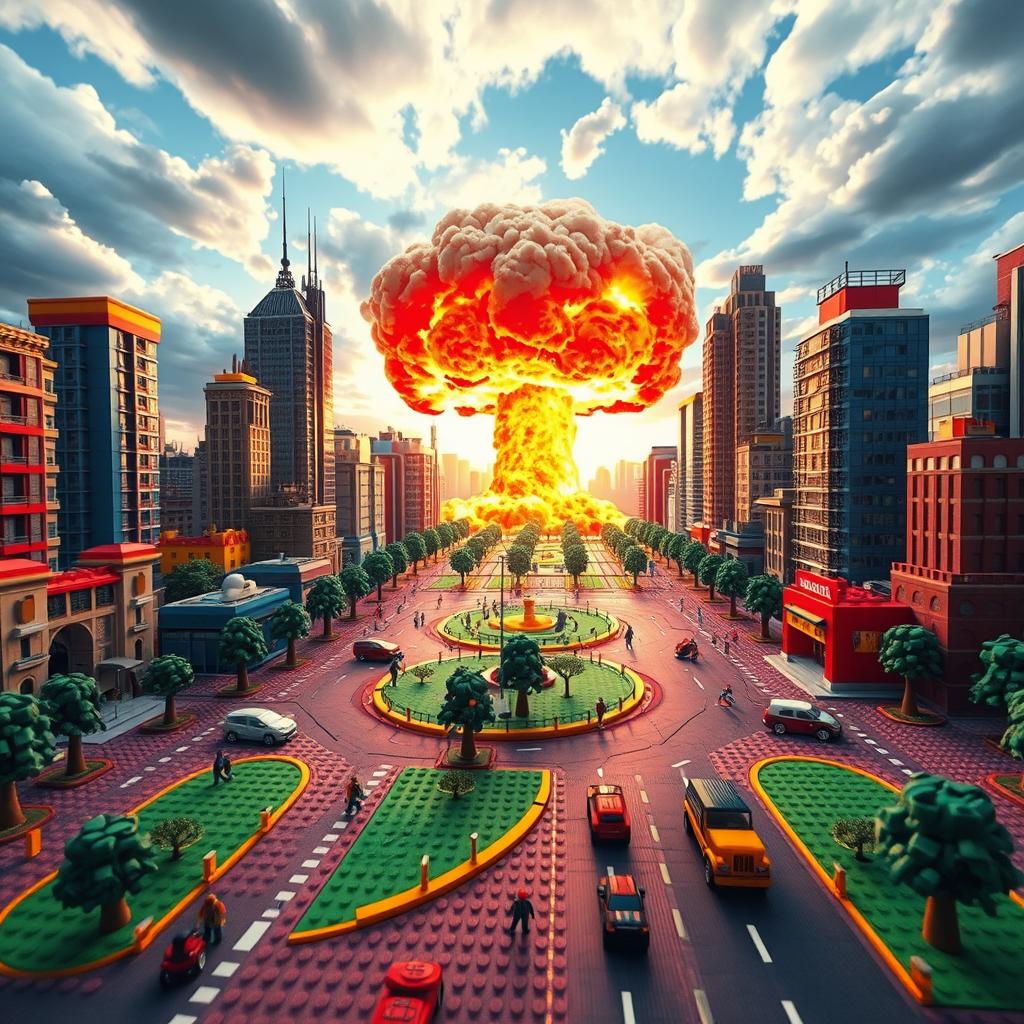 A captivating concept art image depicting a vibrant cityscape in LEGO style, incorporating a dramatic nuclear blast in a whimsical manner