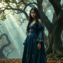 A sorrowful medieval fantasy princess standing alone in a misty enchanted forest