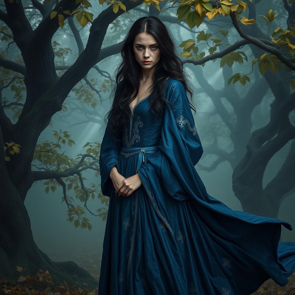 A sorrowful medieval fantasy princess standing alone in a misty enchanted forest