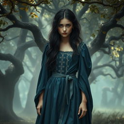 A sorrowful medieval fantasy princess standing alone in a misty enchanted forest