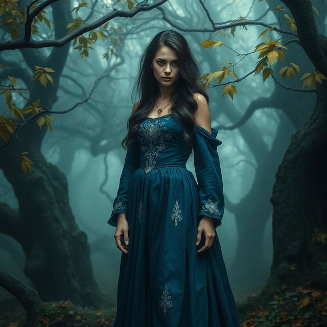 A sorrowful medieval fantasy princess standing alone in a misty enchanted forest