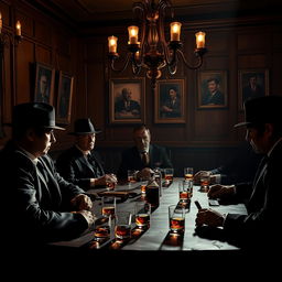 A dramatic scene depicting a mafia meeting in a dimly lit, luxurious room