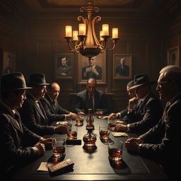 A dramatic scene depicting a mafia meeting in a dimly lit, luxurious room