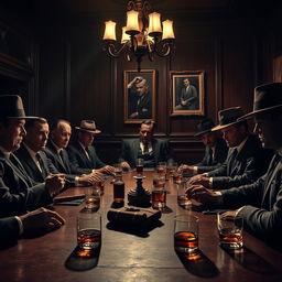 A dramatic scene depicting a mafia meeting in a dimly lit, luxurious room