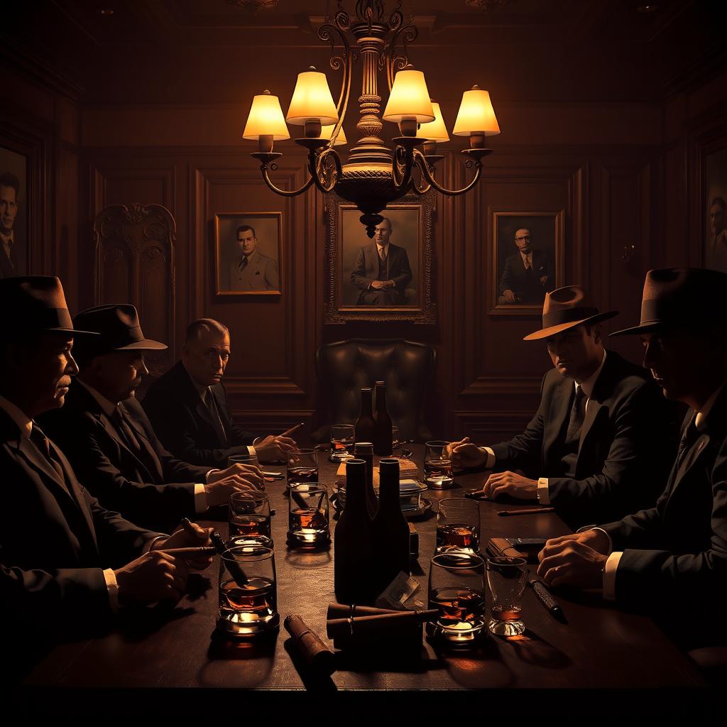 A dramatic scene depicting a mafia meeting in a dimly lit, luxurious room