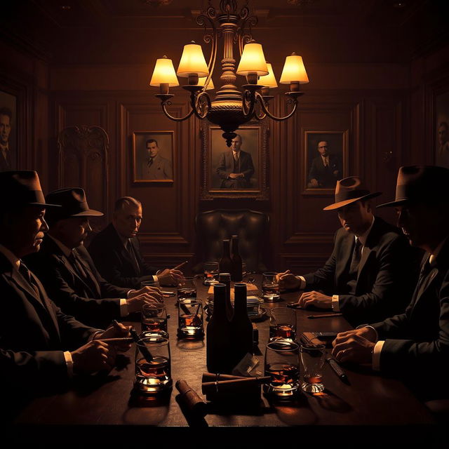 A dramatic scene depicting a mafia meeting in a dimly lit, luxurious room