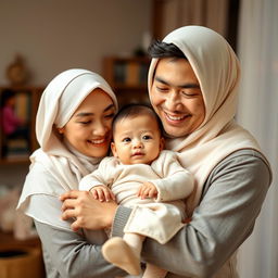 A joyful family scene featuring a handsome husband, who is a habib, gently carrying his exceptionally handsome baby boy