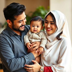 A joyful family scene featuring a handsome husband, who is a habib, gently carrying his exceptionally handsome baby boy