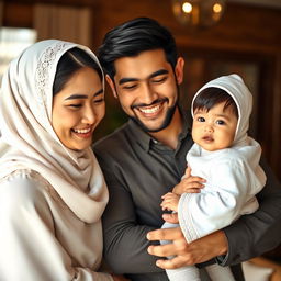 A joyful family scene featuring a handsome husband, who is a habib, gently carrying his exceptionally handsome baby boy