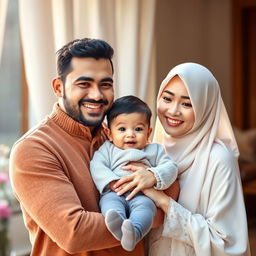 A joyful family scene featuring a handsome husband, who is a habib, gently carrying his exceptionally handsome baby boy