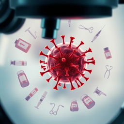 An artistic representation of the dengue virus, illustrated under a microscope