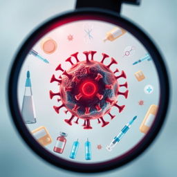 An artistic representation of the dengue virus, illustrated under a microscope