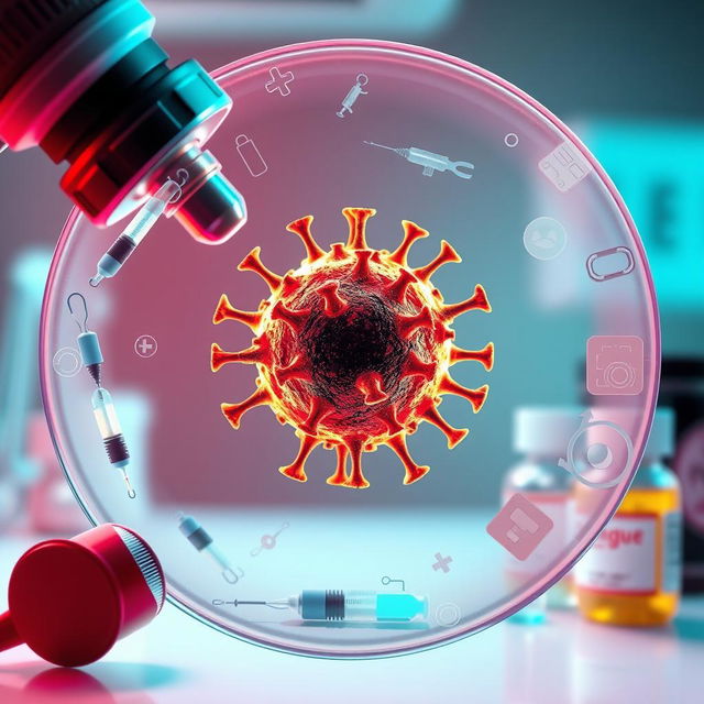 An artistic representation of the dengue virus, illustrated under a microscope