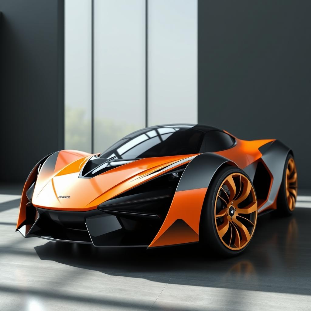 A digital rendering of a futuristic sports car centered in the image